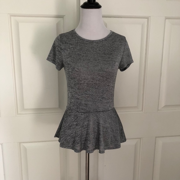 SPACE DYE HEATHER GRAY KNIT PEPLUM WAIST TOP BLOUS - Picture 1 of 6